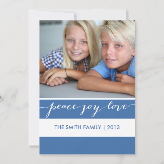 モダンな平和、喜び、愛休日の写真カード|青 シーズンカード (正面)