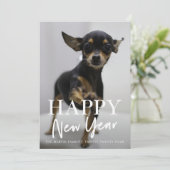 モダンな幸せな新年のスクリプト ストライプ 1 枚の写真 シーズンカード (スタンド正面)