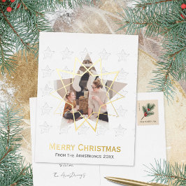 モダンな幾何学星の純白クリスマス 箔シーズンポストカード