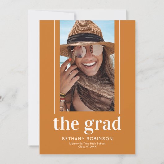 モダンな幾何学模様のオレンジ色の写真卒業カード 案内状 (正面)