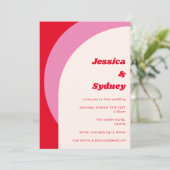モダンな幾何学的なアーチが目を引く赤とピンク 招待状 (スタンド正面)