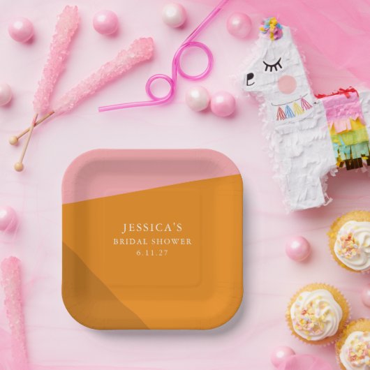 モダンな幾何学的なピンクオレンジのウェディングシャワー ペーパープレート (パーティー)