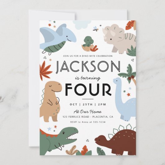 モダンな恐竜の誕生日パーティー 招待状 (正面)