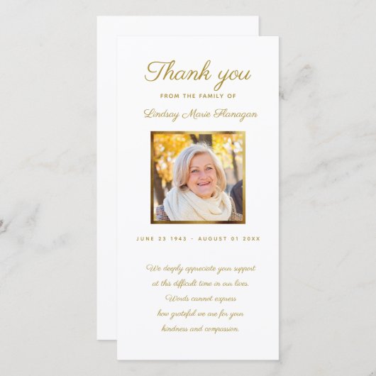 モダンな悔やみや弔慰の記念の金ゴールドの写真フレーム サンキューカード (正面/裏面)