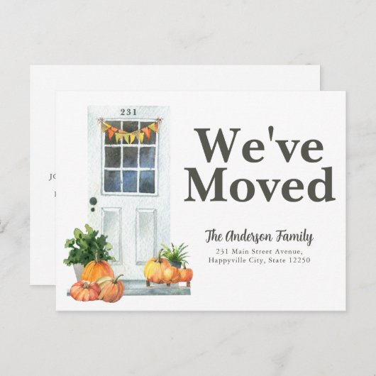 モダンな我が家 白いドアとカボチャ 秋の移動 案内ポストカード (正面/裏面)