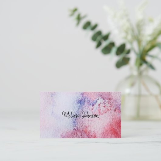 モダンな手塗りの水彩画の青いピンクの(ばちゃばちゃ)跳ねる 名刺 (スタンド正面)