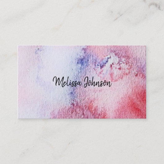 モダンな手塗りの水彩画の青いピンクの（ばちゃばちゃ）跳ねる 名刺 (正面)