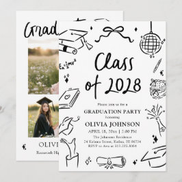 モダンな手描きのクラスオブ2028卒業パーティー 招待状