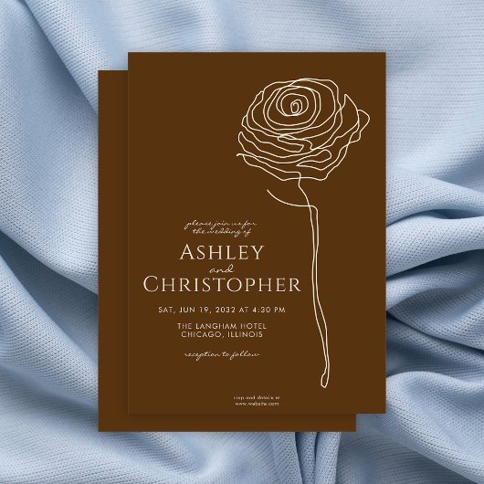 モダンな手描きの花のゴールドとブラウンのウェディング 招待状