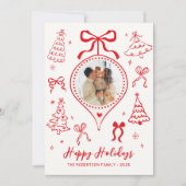 モダンな手描きの赤いリボンのクリスマス ハッピー写真 シーズンカード (正面)