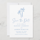 モダンな手描きの青いヤシの木の写真の結婚式 セーブザデート (正面)
