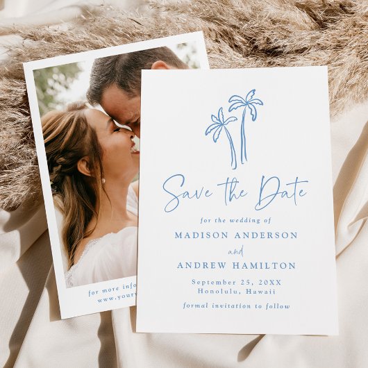 モダンな手描きの青いヤシの木の写真の結婚式 セーブザデート