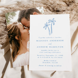 モダンな手描きの青いヤシの木の写真の結婚式 招待状