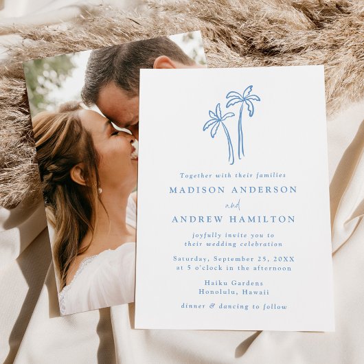 モダンな手描きの青いヤシの木の写真の結婚式 招待状