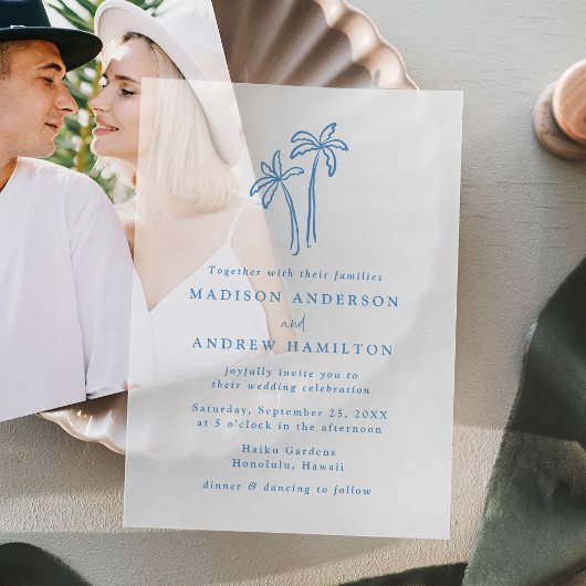 モダンな手描きの青いヤシの木の結婚式 ベラム紙招待状