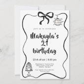 モダンな手描きの黒いリボンの21歳の誕生日 招待状 (正面)