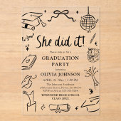 モダンな手描きデザインの「彼女はやり遂げた！」卒業パーティー アクリル招待状 (正面)