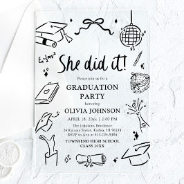 モダンな手描きデザインの「彼女はやり遂げた!」卒業パーティー アクリル招待状