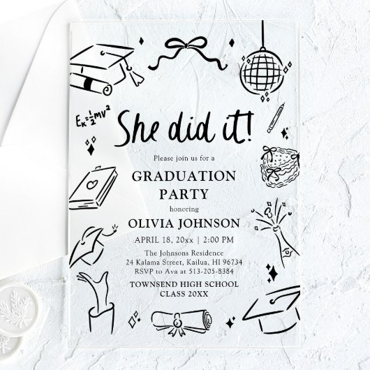 モダンな手描きデザインの「彼女はやり遂げた！」卒業パーティー アクリル招待状