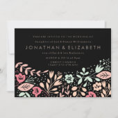 モダンな手描きパステルフラワー結婚式（ブラック） 招待状 (正面)