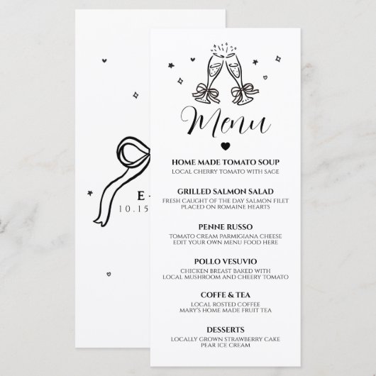 モダンな手描き結婚式パーティーメニューカード メニュー (正面/裏面)