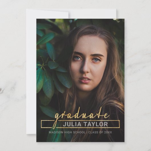 モダンな手書きの贅沢な金ゴールドの写真の卒業 案内状 (正面)