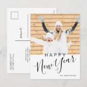 モダンな手書きの「ハッピーニューイヤー」写真 シーズンポストカード (正面/裏面)