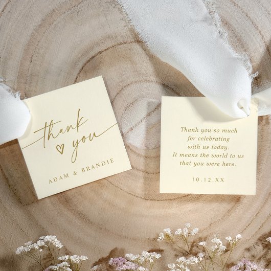 モダンな手書きクリームゴールドの結婚式のお礼 フェイバータグ