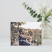モダンな手書きスクリプトのフォト結婚式サンクスカード ポストカード (スタンド正面)