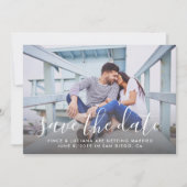 モダンな手書きスクリプトの結婚式写真 ブルー セーブザデート (正面)