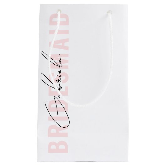 モダンな手書きスタイルのスクリプトピンク ブライズメイド スモールペーパーバッグ (正面)