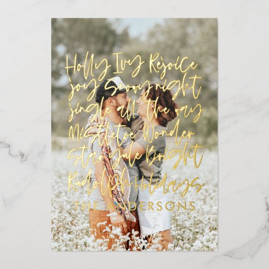 モダンな手書きタイポグラフィーのホリデー写真カード 箔シーズンカード (正面)