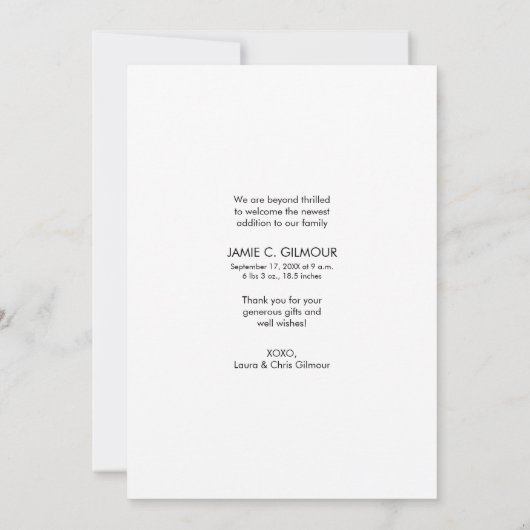 モダンな手書きベビー写真ありがとうございます サンキューカード (裏面)