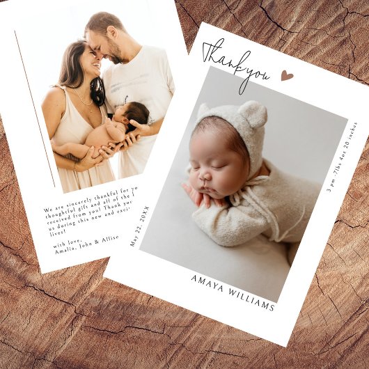 モダンな手書き風のシンプルな新生児2枚の写真 サンキューカード