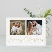 モダンな手書き風の2枚の写真入りメリークリスマスカード 箔シーズンカード (立ち正面)