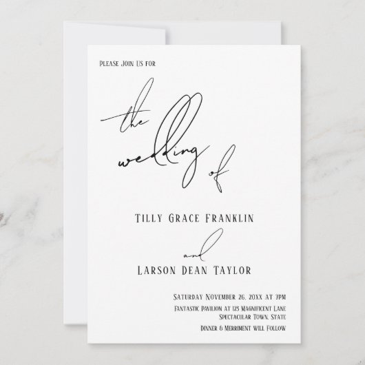 モダンな手書き風フォントの「The Wedding of」 ホワイト 招待状 (正面)