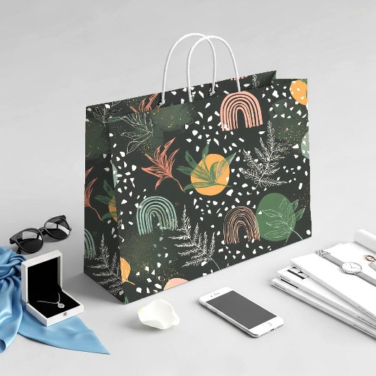 モダンな抽象テラゾーと植物コラージュ ラージペーパーバッグ
