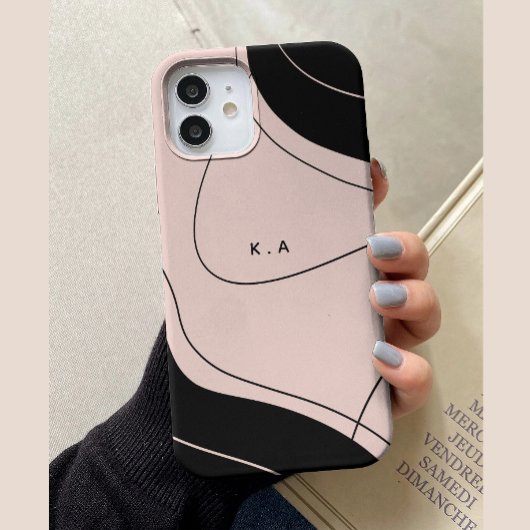 モダンな抽象デザインの黒とクリーム色のカスタムイニシャル Case-Mate iPhoneケース
