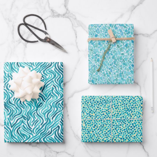 モダンな抽象幾何学ターコイズウォーターカラー ラッピングペーパーシート (正面)