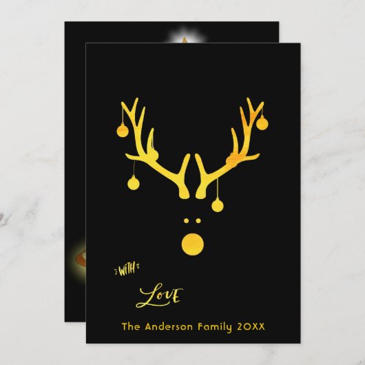 モダンな抽象的なクリスマスカードの鹿の頭のゴールドとブラック シーズンカード (正面/裏面)