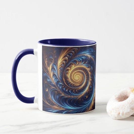 モダンな抽象的な宇宙のロイヤルブルーとゴールドの渦巻き マグカップ (ドーナツ)