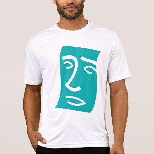 モダンな抽象的な顔の線画ターコイズブルー Tシャツ (正面)