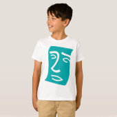 モダンな抽象的な顔の線画ターコイズブルー Tシャツ (正面フル)