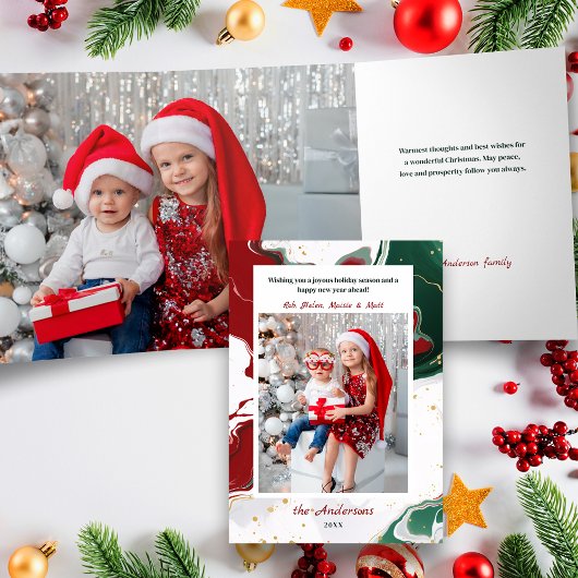 モダンな抽象的グリーン/レッドのクリスマス写真 三つ折りカード