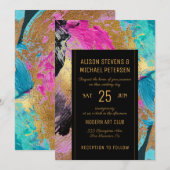 モダンな抽象絵画のゴールドスクリプトダークウェディング 招待状 (正面/裏面)