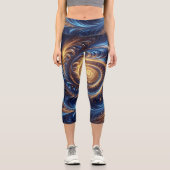 モダンな抽象芸術の宇宙、ロイヤルブルーとゴールドの渦巻き カプリレギンス (正面)