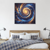モダンな抽象芸術の宇宙、ロイヤルブルーとゴールドの渦巻き キャンバスプリント (インサイチュ (寝室))