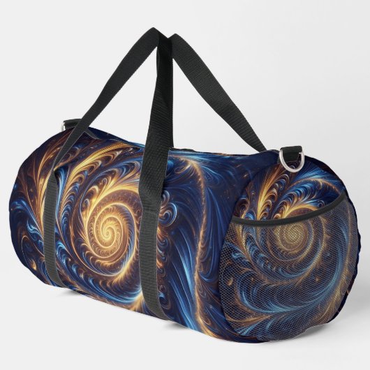 モダンな抽象芸術の宇宙、ロイヤルブルーとゴールドの渦巻き ダッフルバッグ (右コーナー)