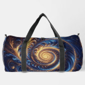 モダンな抽象芸術の宇宙、ロイヤルブルーとゴールドの渦巻き ダッフルバッグ (裏面)