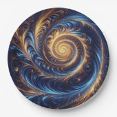 モダンな抽象芸術の宇宙、ロイヤルブルーとゴールドの渦巻き ペーパープレート (正面)